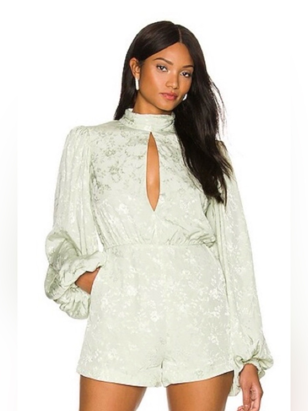 Lovers + Friends Sage Green Brocade Bishop Sleeve Romper